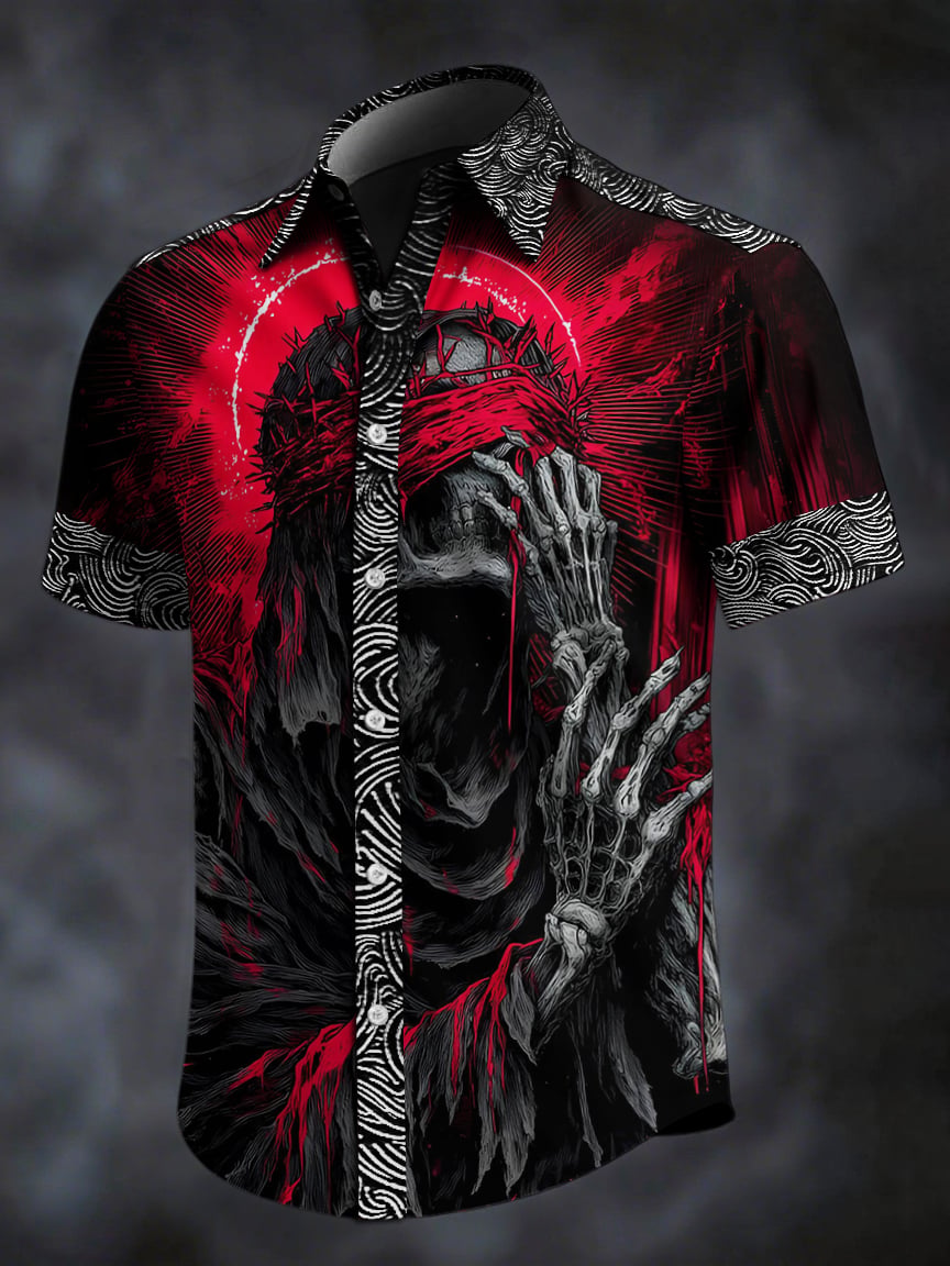 Camisa retro Skull estampado solapa de manga corta para hombre