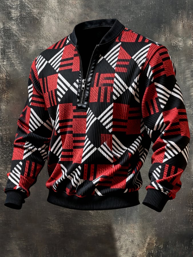 Sudadera vintage Color-Block estampado con cierre con gorrasucha para hombre