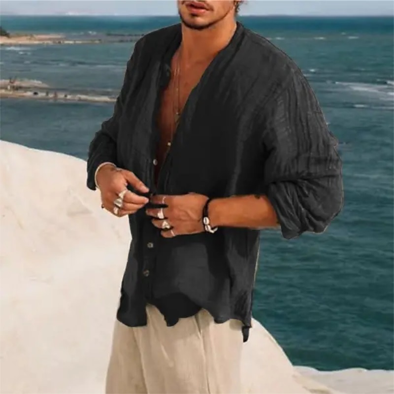 Camisa de lino Band cuello camisa Summer camisa Beach Wear Button Up camisa Plain Vacation casual Black Green Khaki Gray de manga larga Stand cuello Summer Spring Clothing Apparel para hombre - vista 1