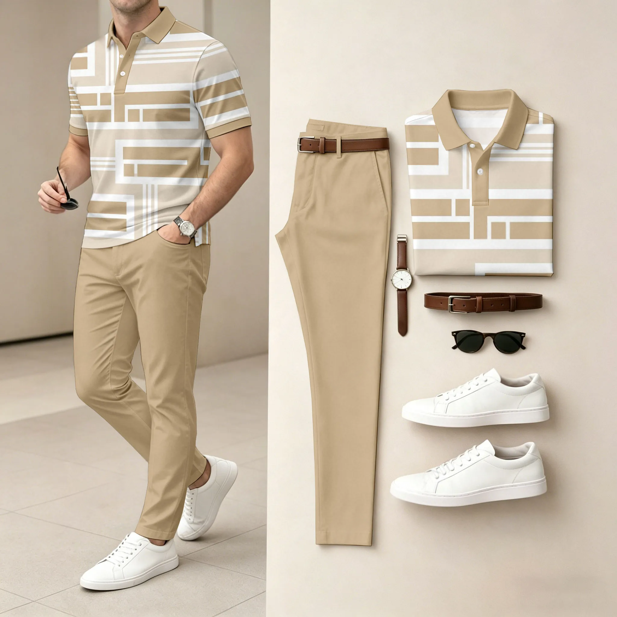 Conjunto de dos piezas Khaki & White Geometric casual estampado camisa polo And pantalón para hombre