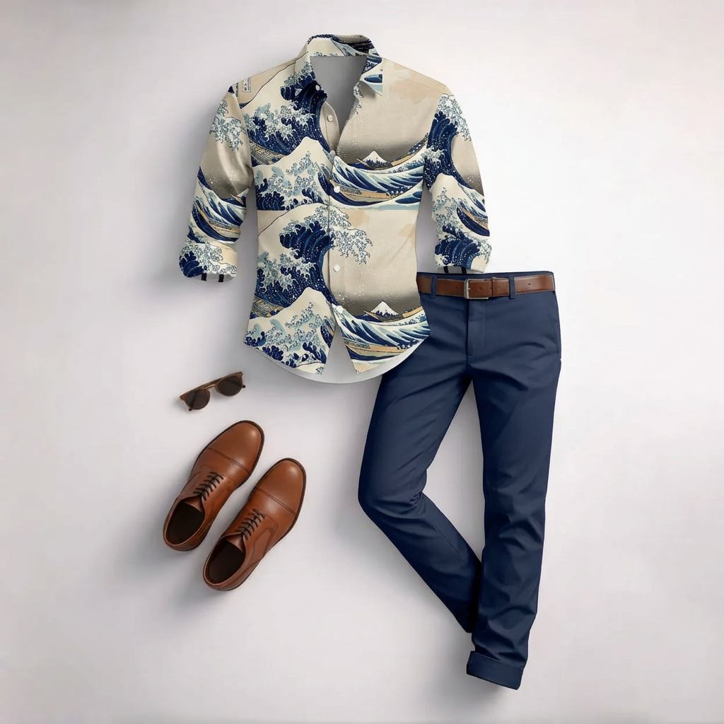Conjunto de dos piezas casual White Wave estampado de manga larga camisa And Trousers para hombre
