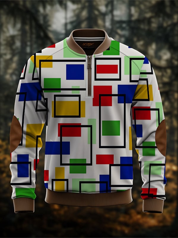Sudadera retro Abstract Colorblock estampado Zip-Neck para hombre
