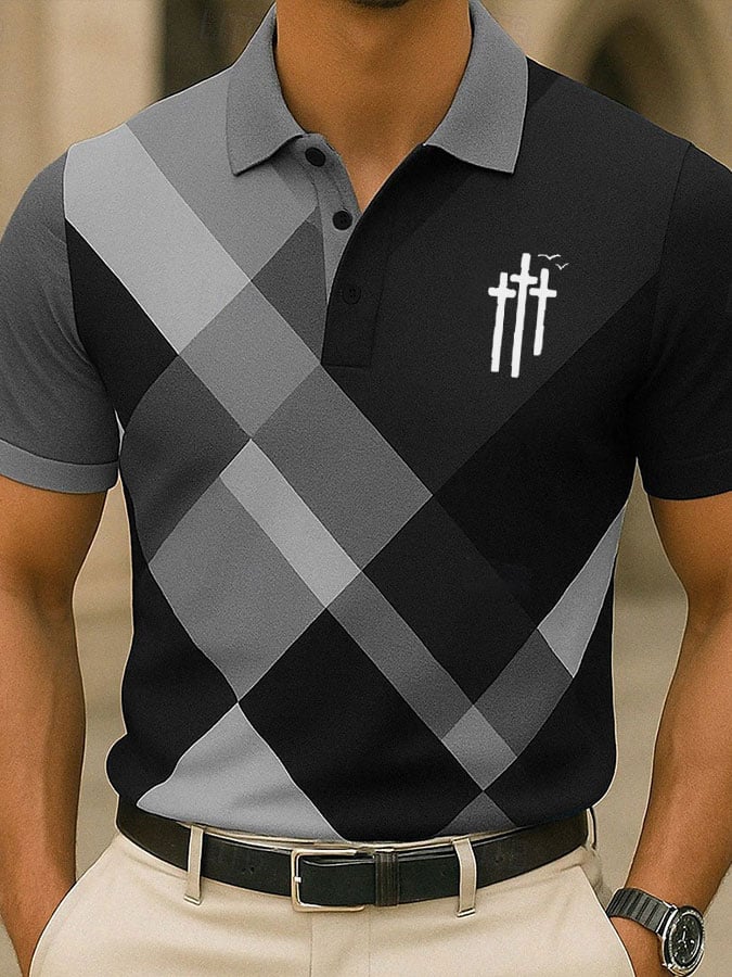 Camisa polo retro Contrast Faith Cross estampado casual para hombre