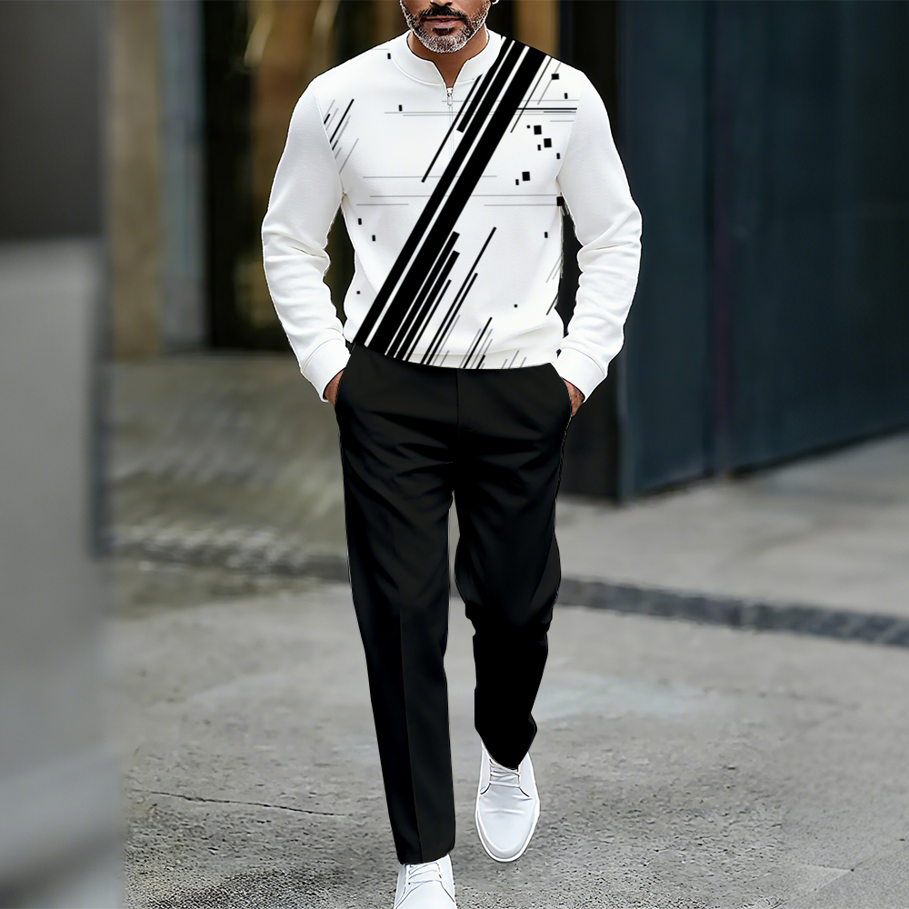 Conjunto de dos piezas casual Color Matching estampado Round-Neck Zipper de manga larga Trousers para hombre