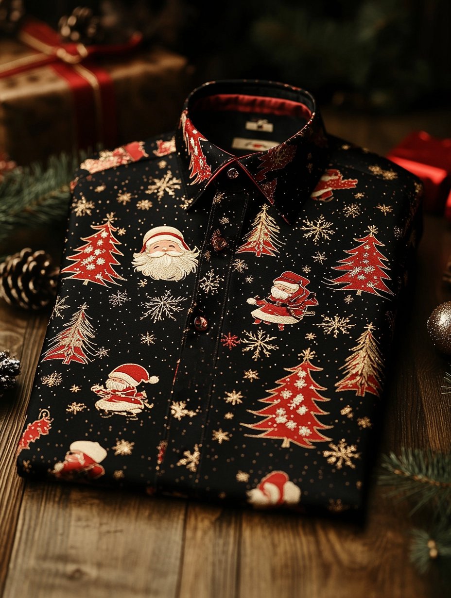 Camisa de lujo Christmas Party de manga larga con botones para hombre