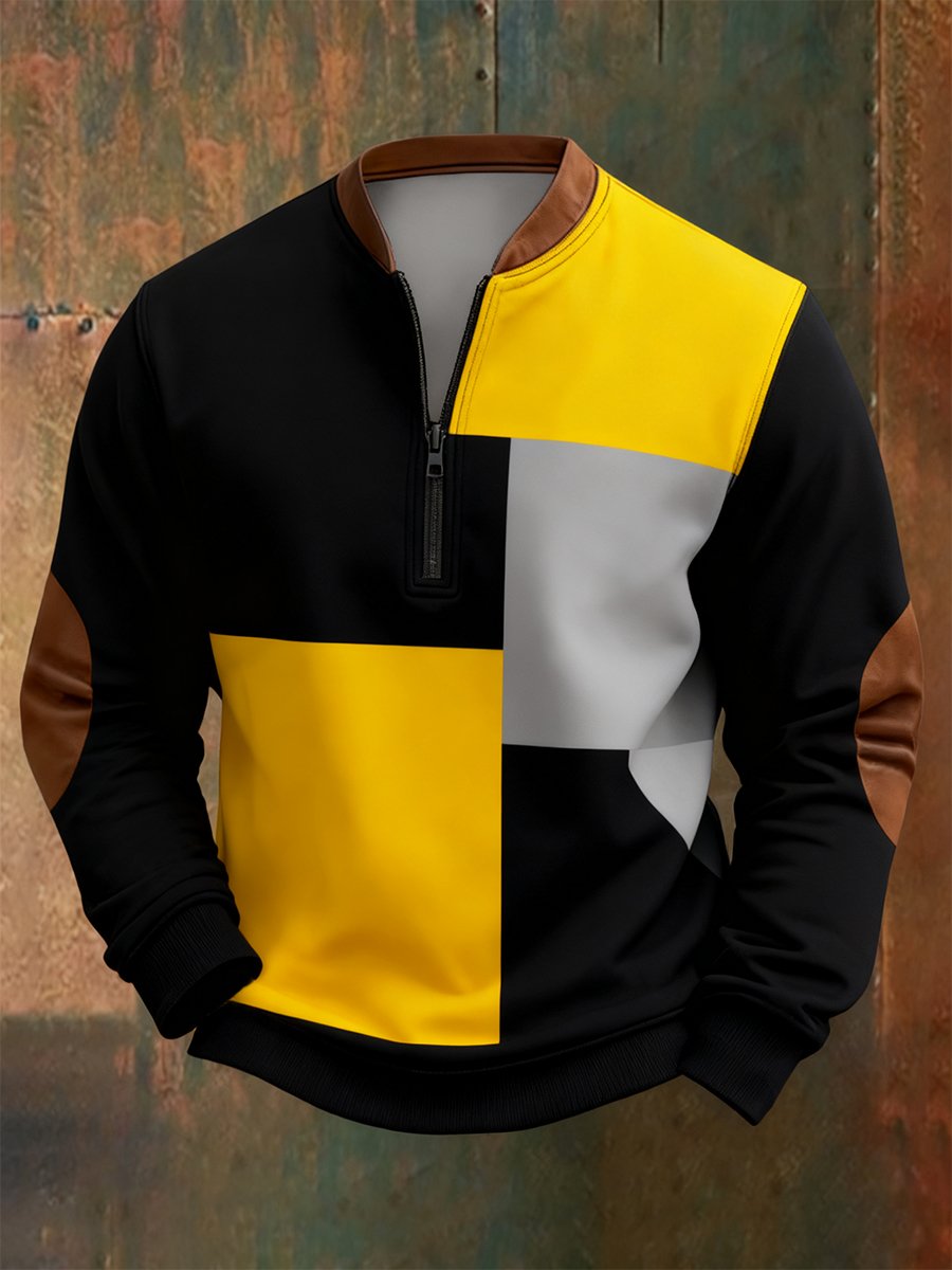 Sudadera retro Bauhaus geométrico Style estampado Quarter Zip para hombre