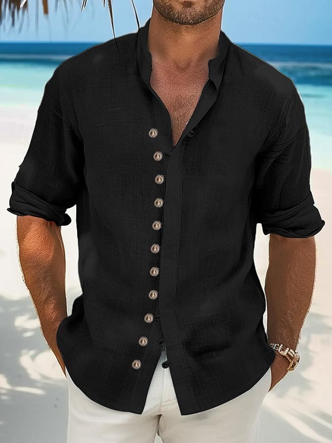 Camisa de color sólido Hawaiian de manga larga Stand Collar Multi-Button para hombre