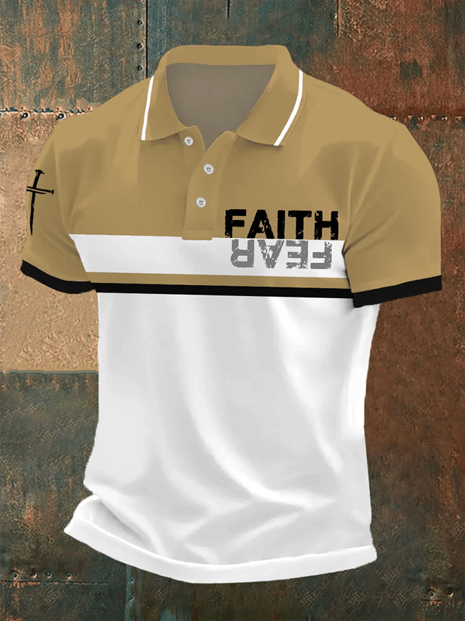 Camisa polo retro Faith “Faith Over Fear�? casual estampado para hombre