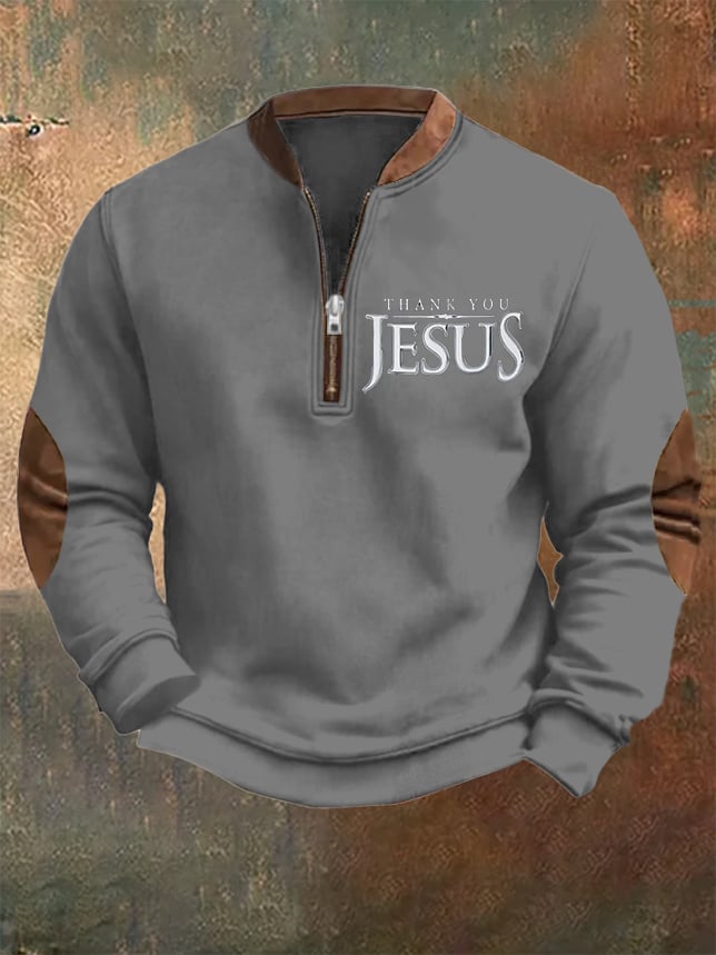 Sudadera vintage Faith "Thank You Jesus" estampado Zip cuello para hombre
