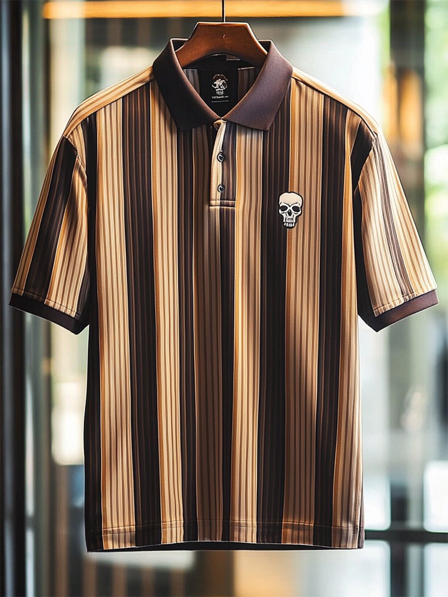 Camisa polo ejecutivo casual a rayas Skull Button de manga corta para hombre