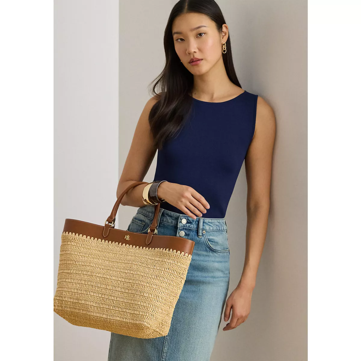 Leather-Trim Straw Large Kyla Tote Bag - 1