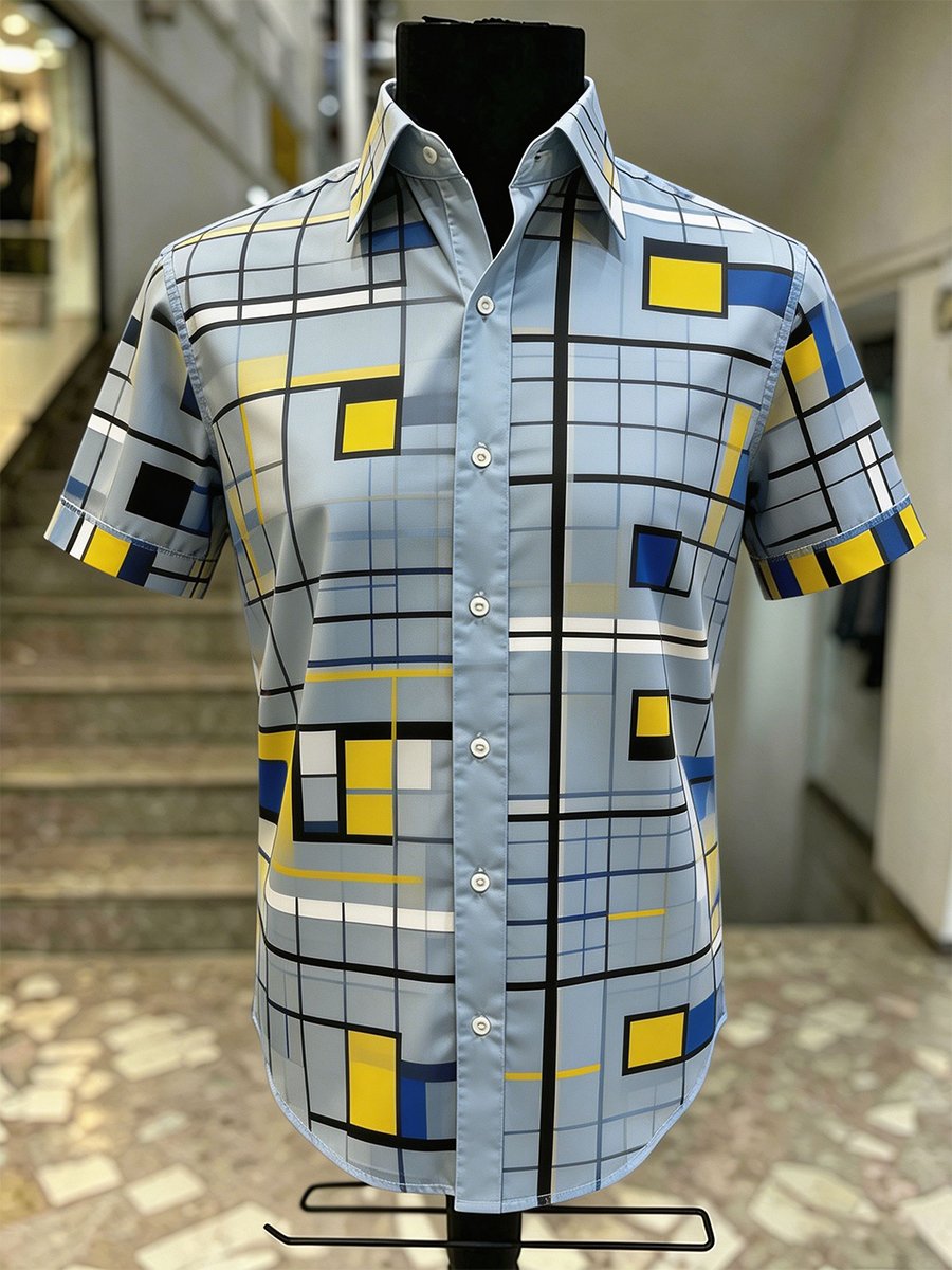 Camisa retro Bauhaus Geometric de manga corta para hombre