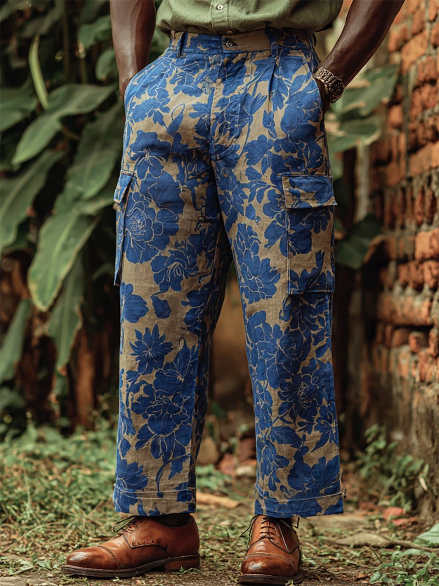 Casual vintage floral estampado Multi-bolsillo Overalls para hombre