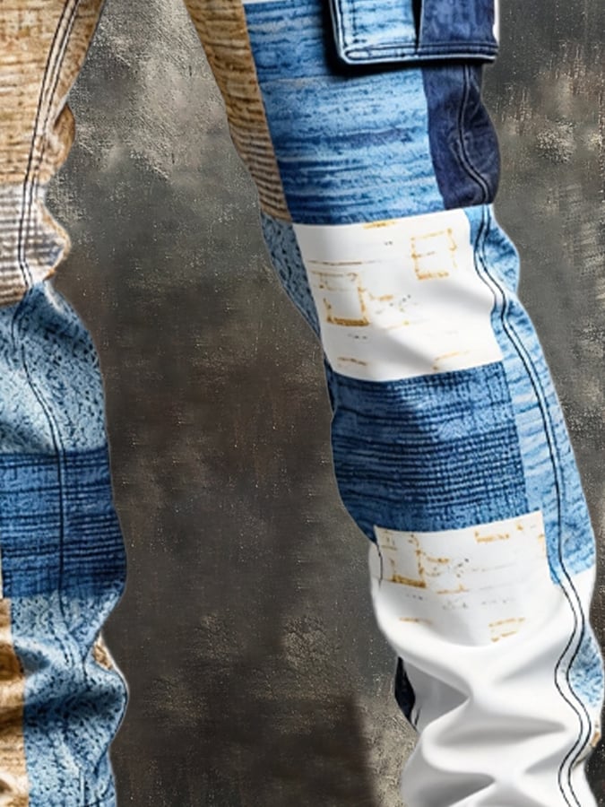 Pantalón retro en bloques de color desgastado bolsillo Cargo para hombre