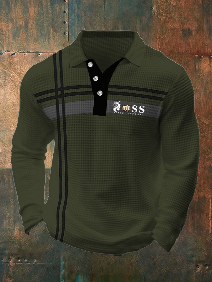 Camisa polo retro Lettering Design Waffle Fabric de manga larga para hombre