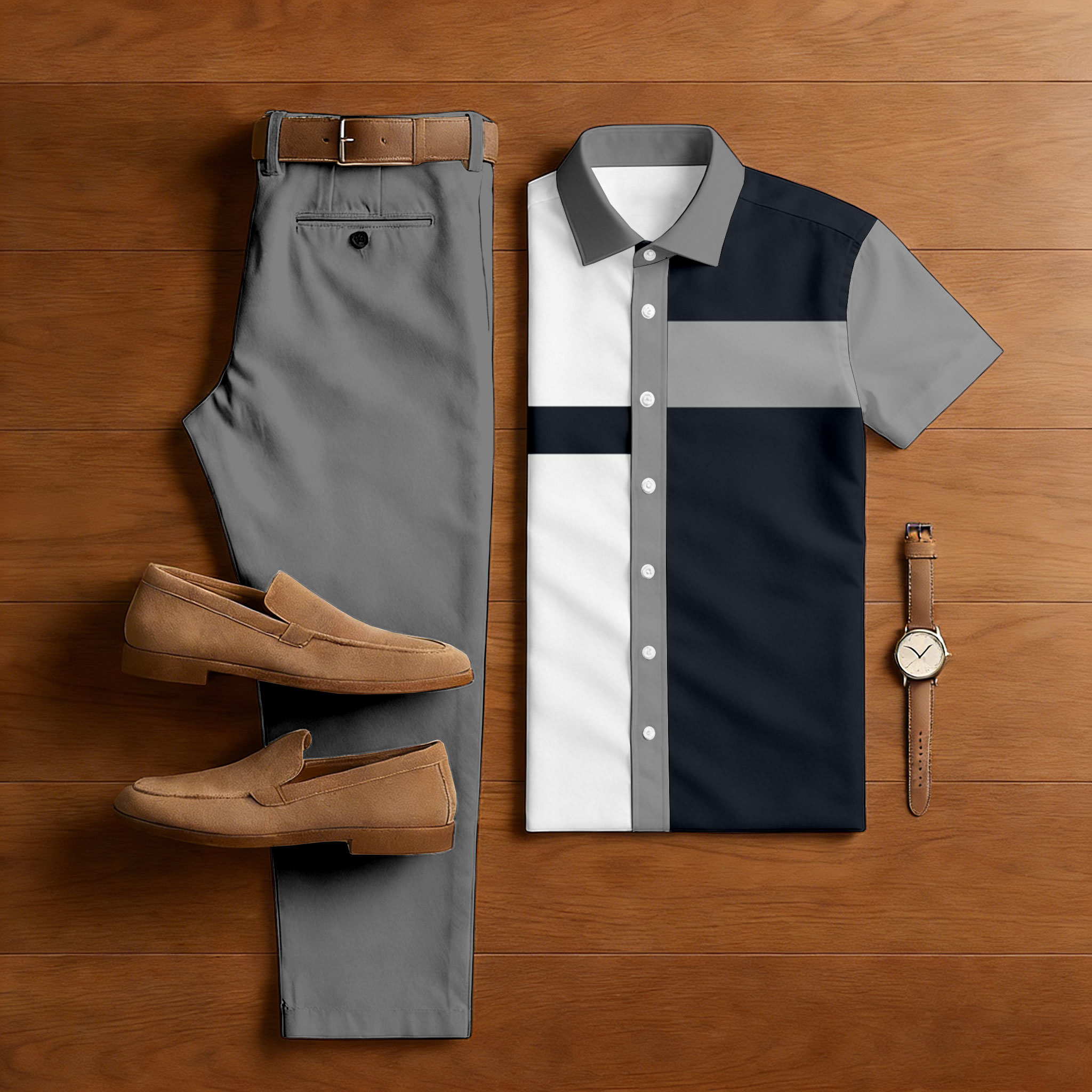 Conjunto de dos piezas casual Black & Gray Color Matching Geometric estampado de manga corta camisa & Trousers para hombre