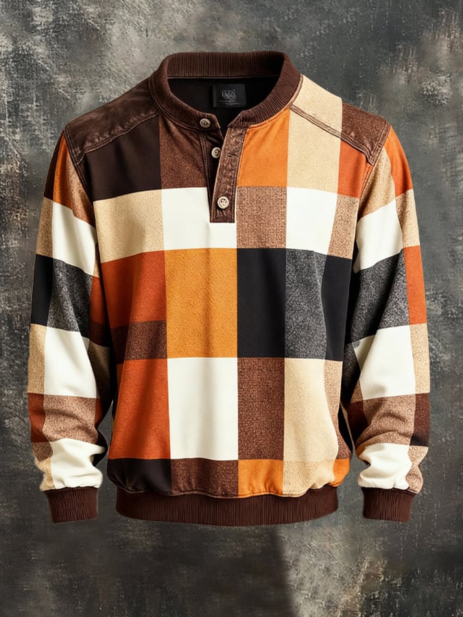 Sudadera retro Colorblock Henley para hombre