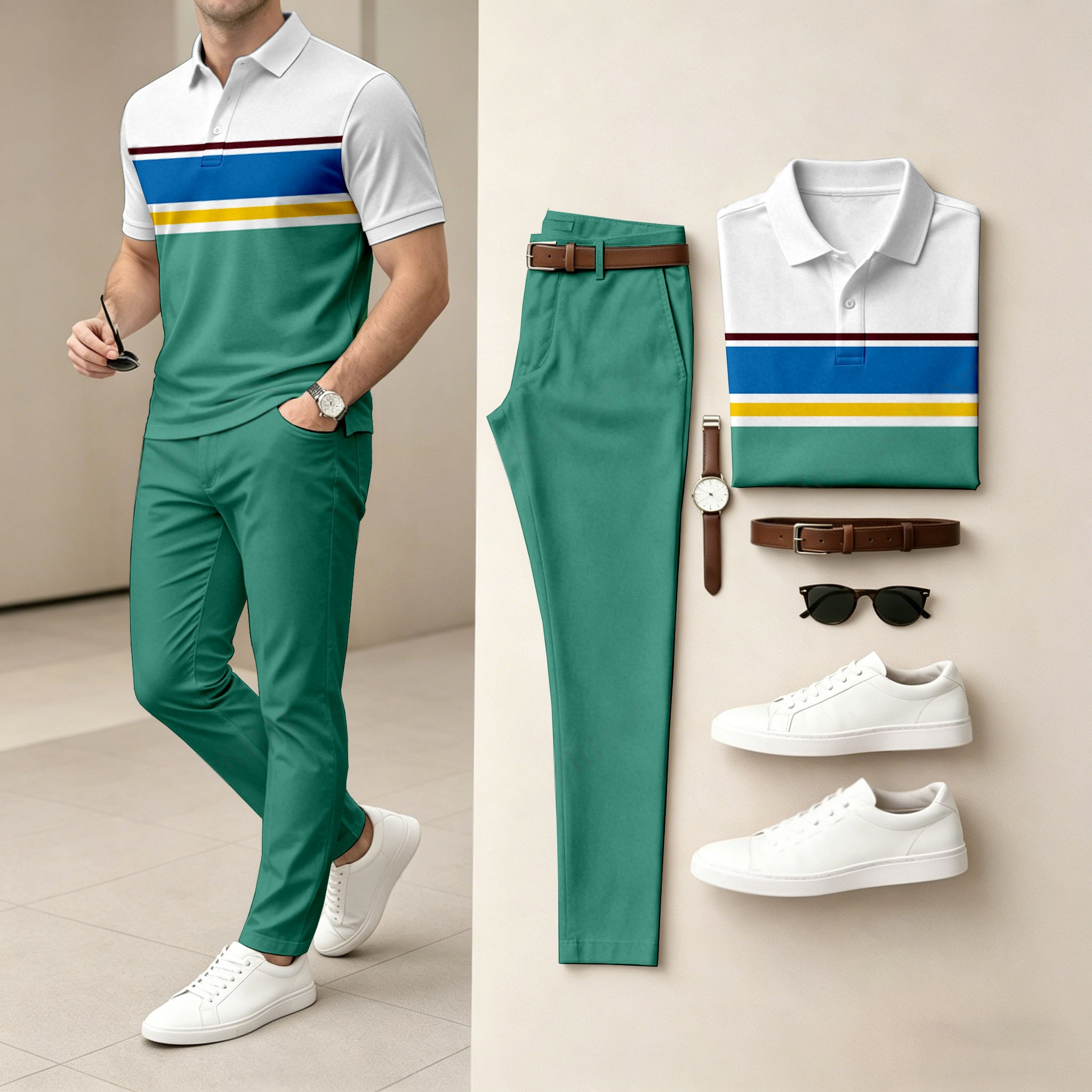 Conjunto de dos piezas casual a rayas contrasting estampado camisa polo and pantalón para hombre