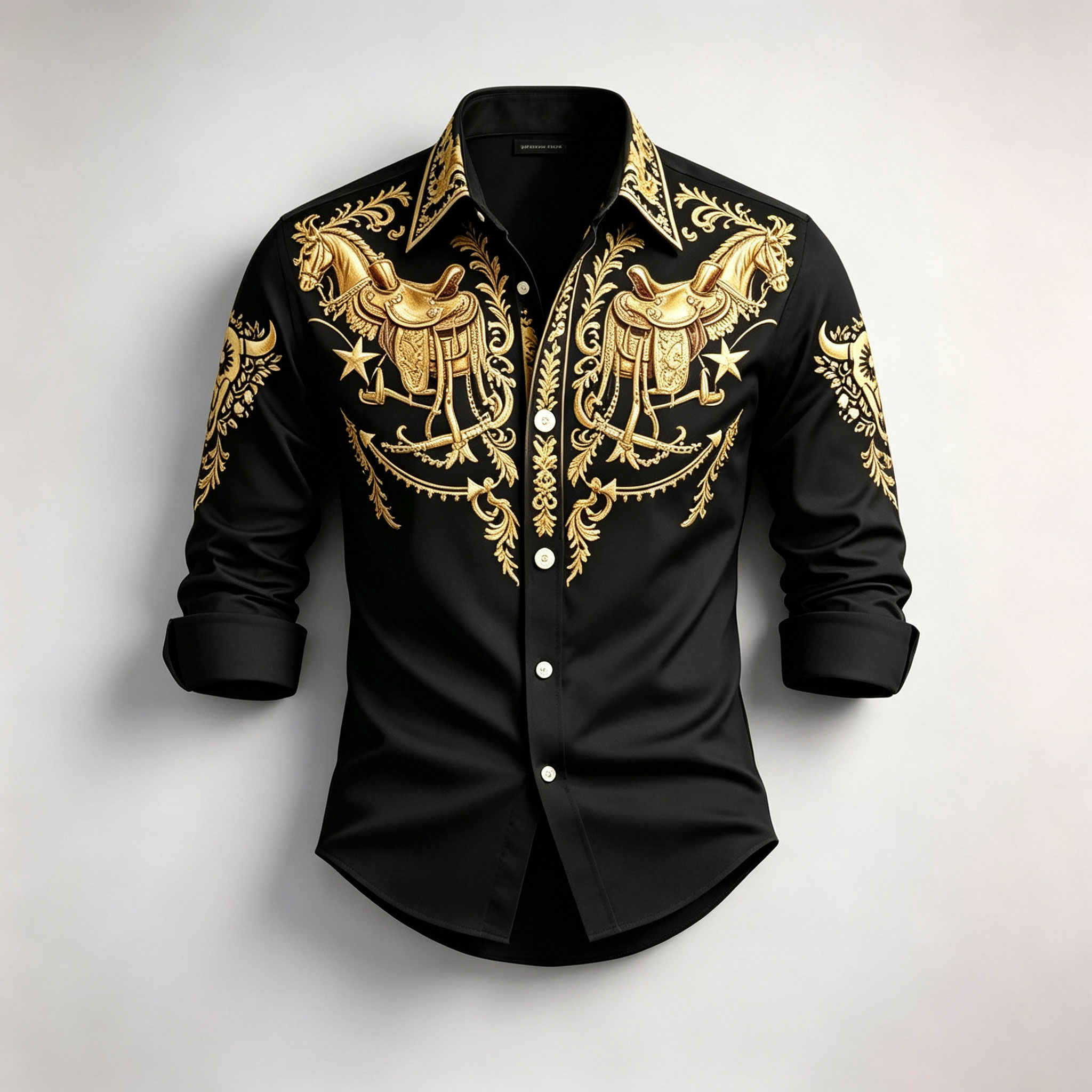 para hombre Gold Horse Print de manga larga camisa