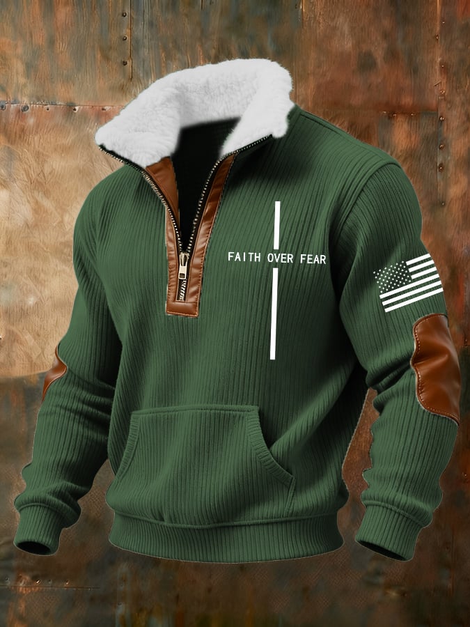 para hombre retro Faith Cross Print Zipper Fur Collar de manga larga Sweacamiseta