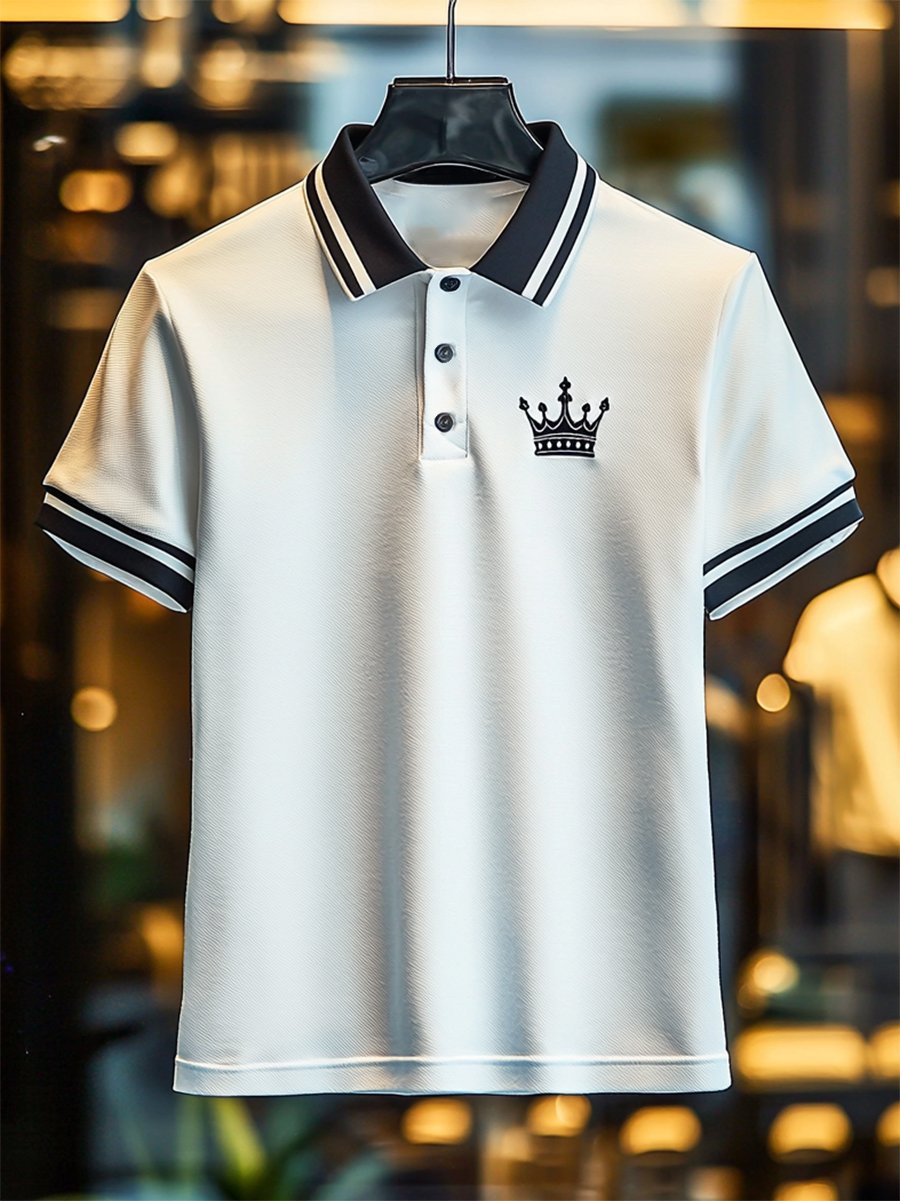 Camisa polo casual ejecutivo Crown estampado Button de manga corta para hombre