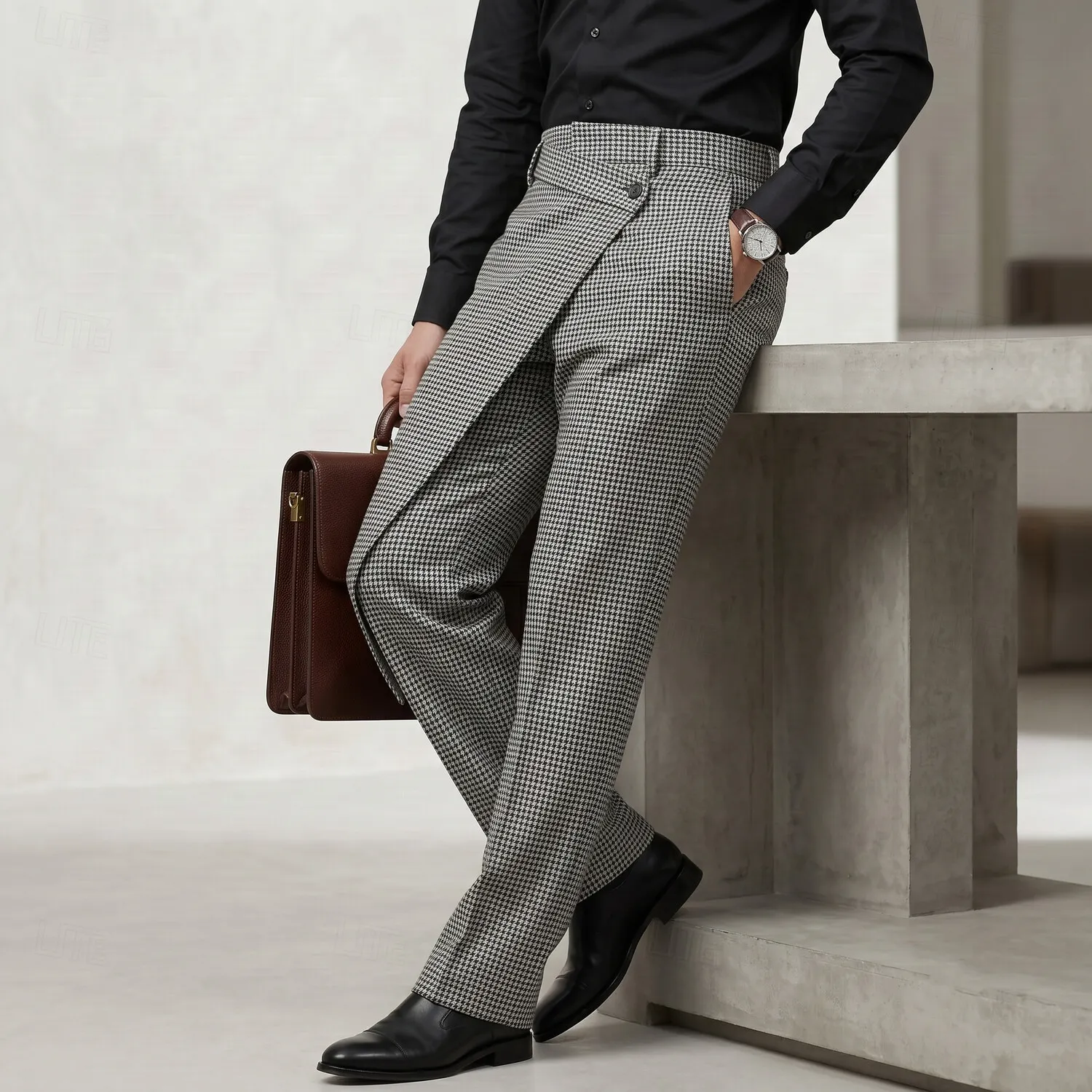 para hombre ejecutivo casual Houndstooth Pattern High Waist Asymmetrical Overlap Suit pantalón