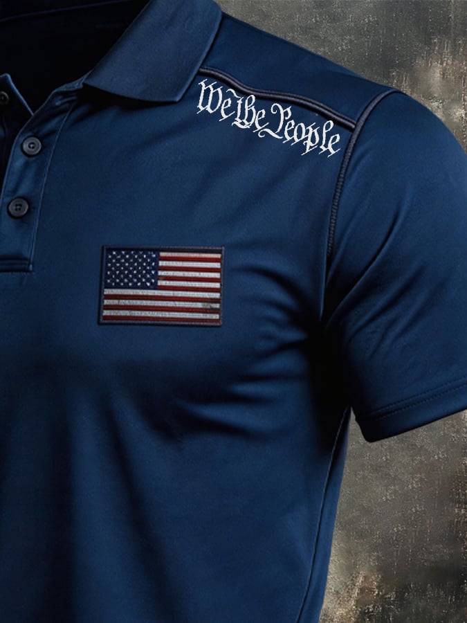 Retro Patriot en bloques de color Polo Collar de manga corta para hombre