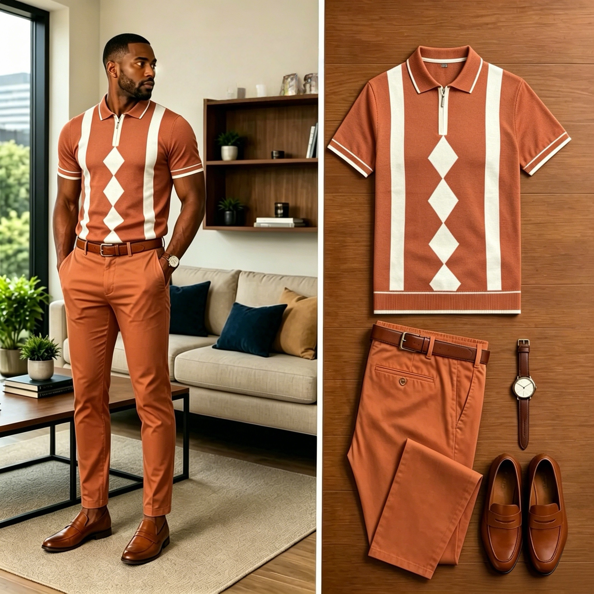 Conjunto de dos piezas casual Diamond Grid Contrasting estampado camisa polo And pantalón para hombre