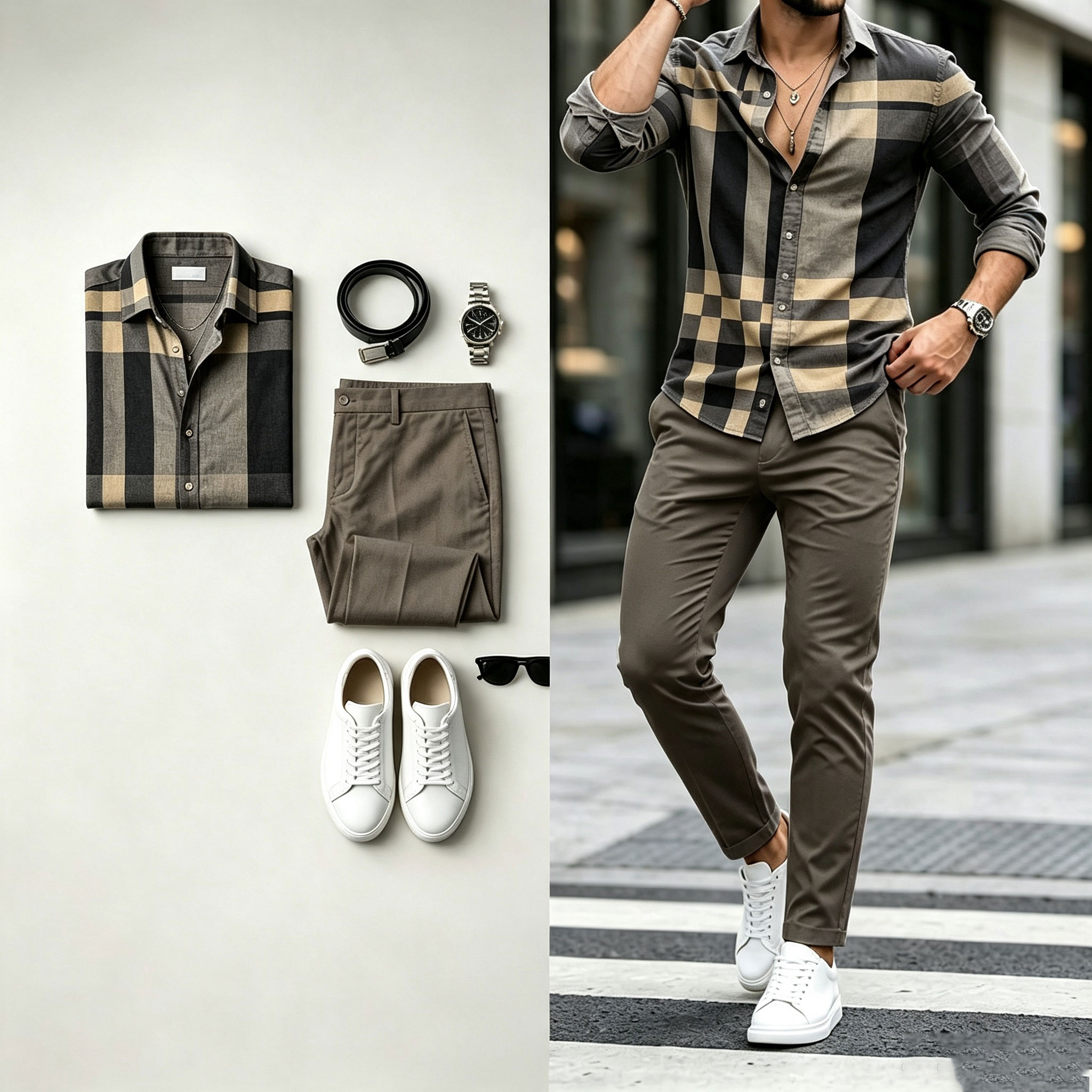 para hombre Two-Tone Print de manga larga camisa and pantalón Set