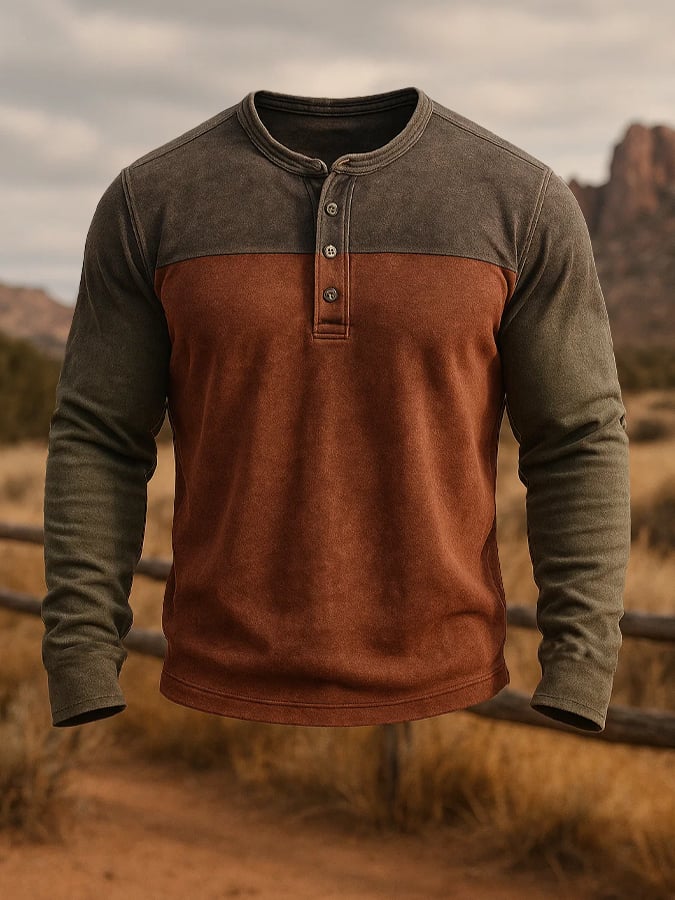 Retro en bloques de color de manga larga Henley para hombre