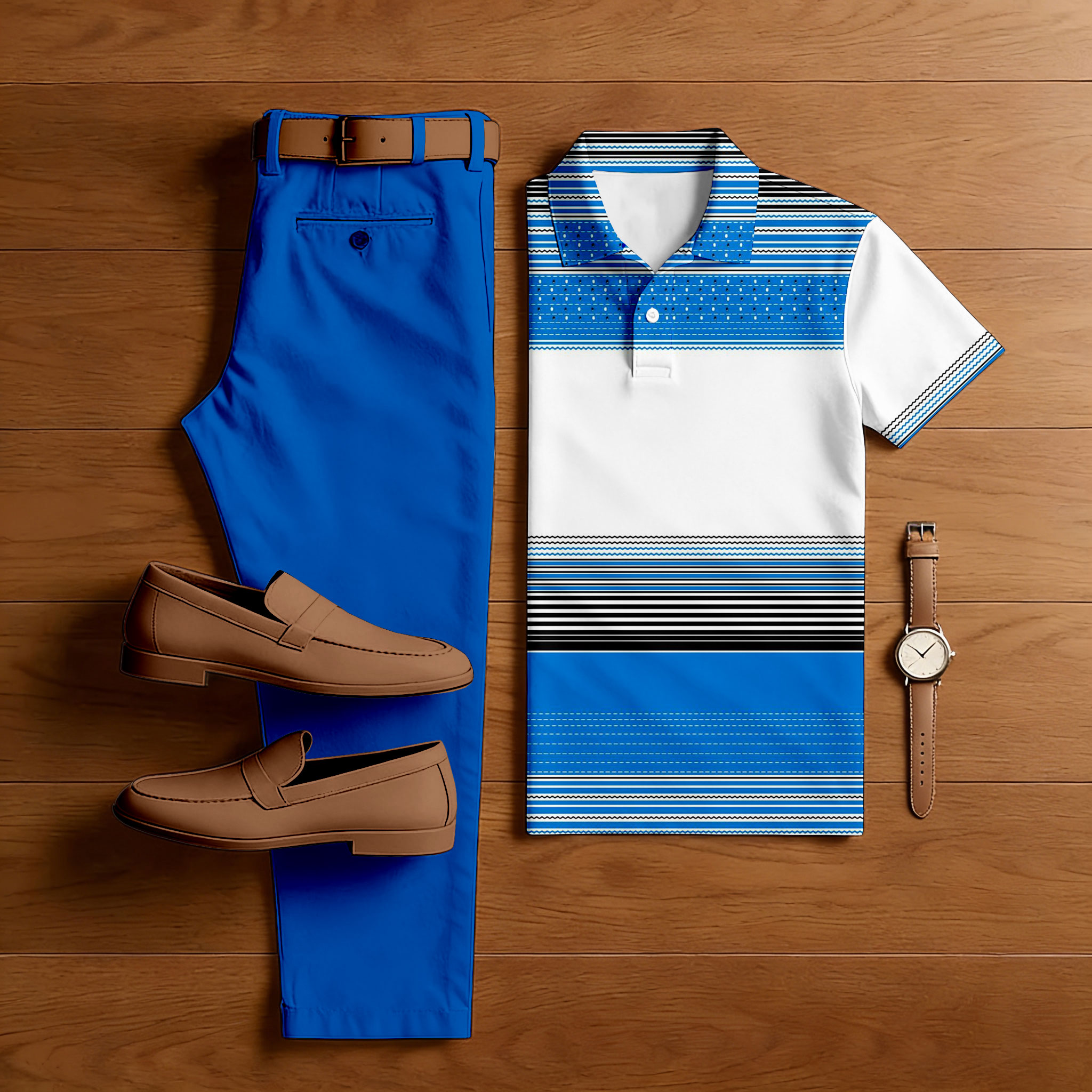 Conjunto de dos piezas casual Blue & White Color Matching a rayas estampado de manga corta camisa polo & Trousers para hombre