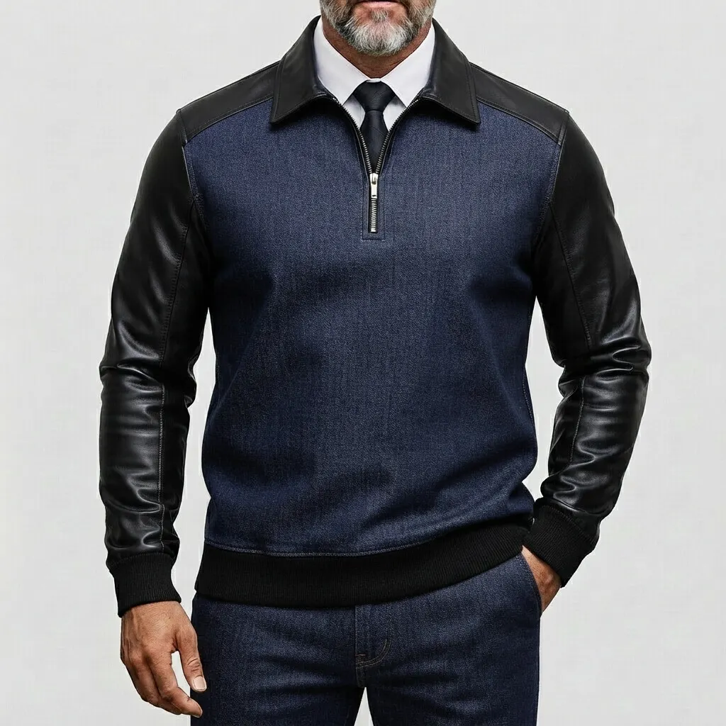 para hombre Denim PU Leather Patchwork de manga larga Half Zip Sweacamiseta