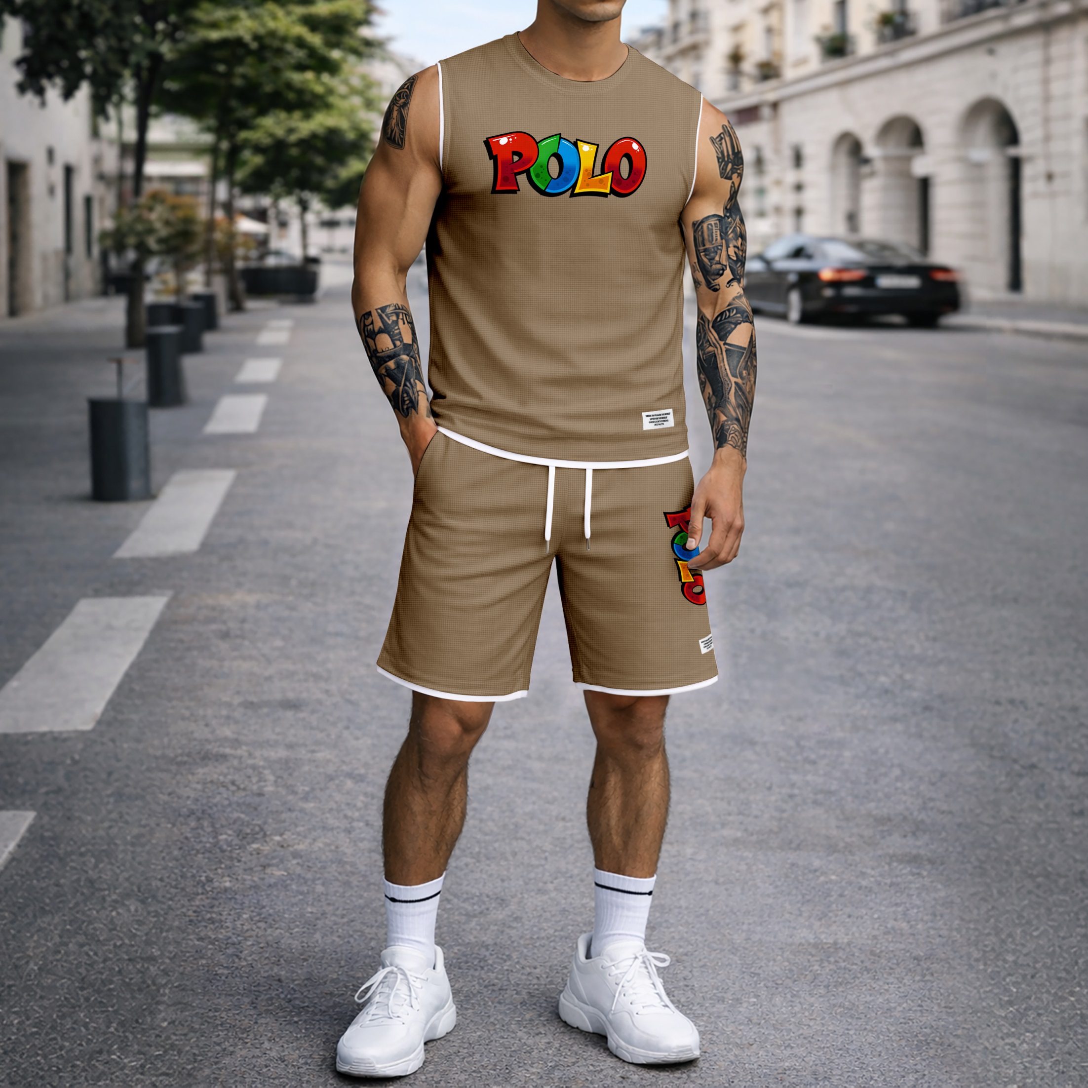 Shorts Graffiti Letter estampado Summer Set Sleeveless Tank Top & Matching Outfit, Lightweight casual Streetwear Athletic Set for Everyday & Holiday para hombre
