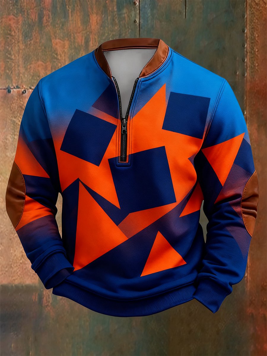 Sudadera retro Bauhaus geométrico Style estampado Quarter Zip para hombre