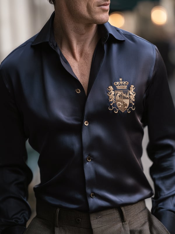 Camisa satén Luxe Crown Logo Button de manga larga para hombre
