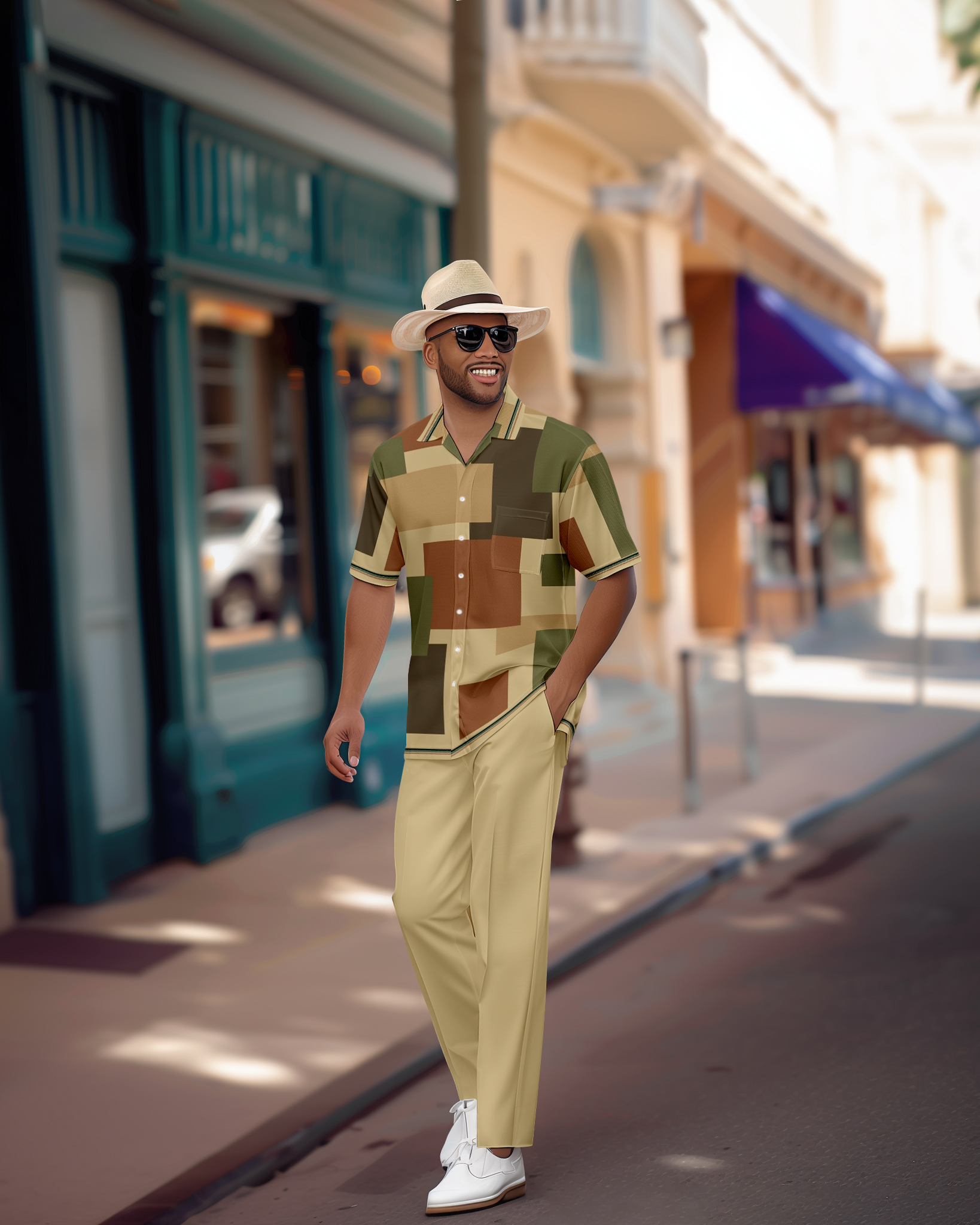Camisa retro Colorblock de manga corta Walking Suit 1152 para hombre