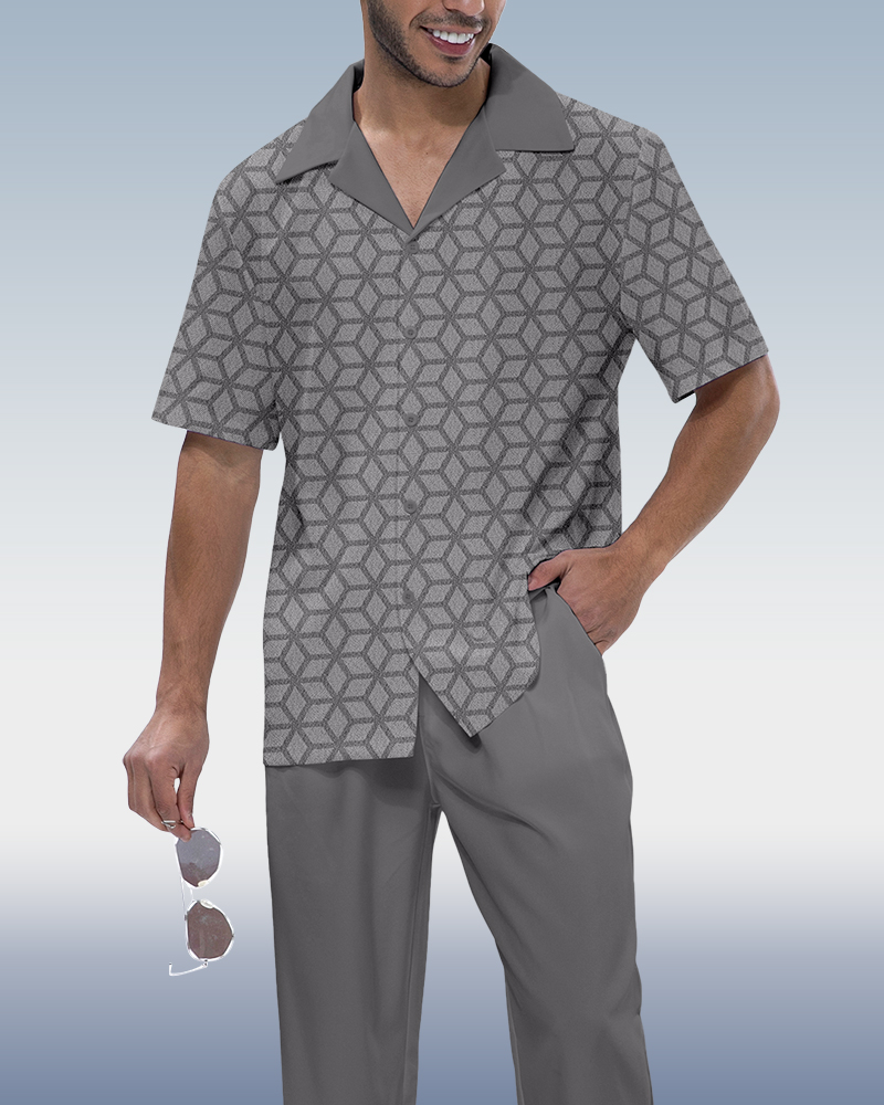 Camisa Rianmond vintage Geometric estampado de manga corta Walking Set 576 para hombre