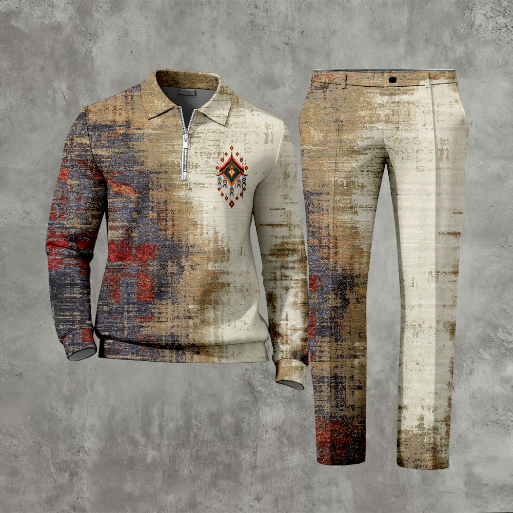 Conjunto de dos piezas Ethnic Totem Polo Zipper de manga larga Khaki para hombre