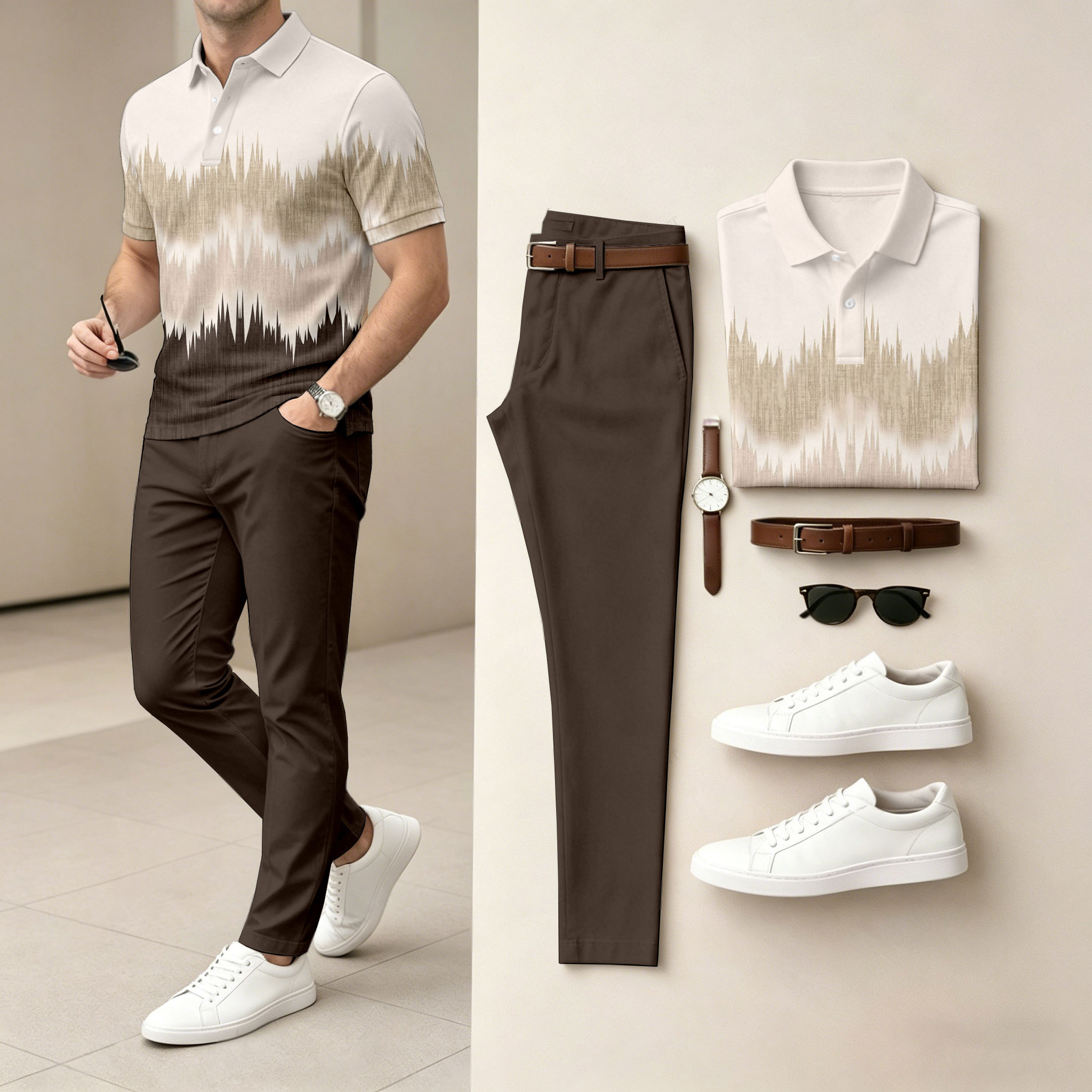 Conjunto de dos piezas casual estampado camisa polo And pantalón para hombre