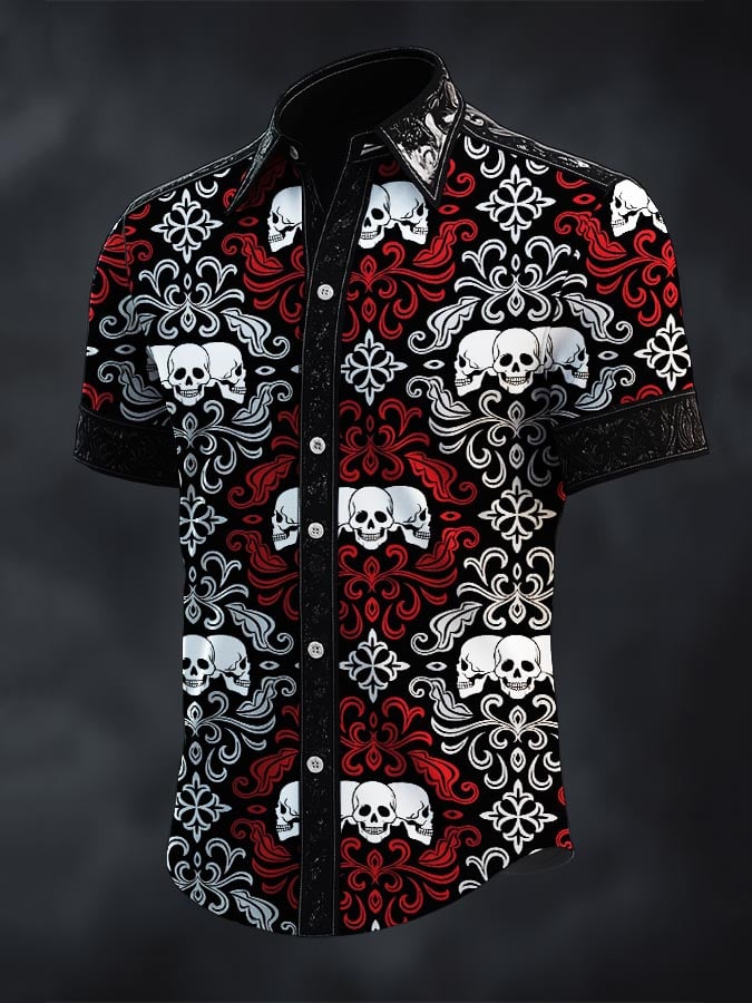 Camisa retro Western Gothic Skull estampado de manga corta para hombre