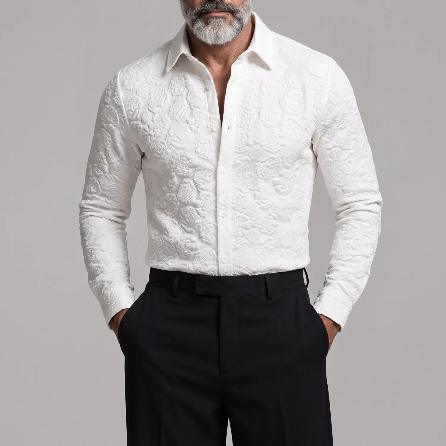 para hombre White 3D floral Embossed Pattern de corte entallado de manga larga camisa