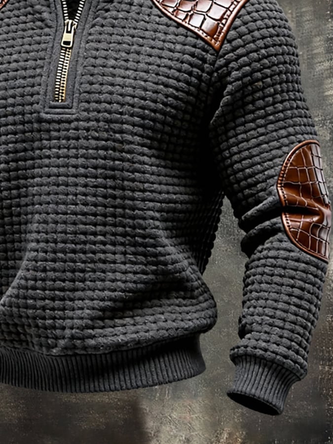 Sudadera vintage texturizado Square Grid Patchpara trabajo Color-Block de manga larga para hombre
