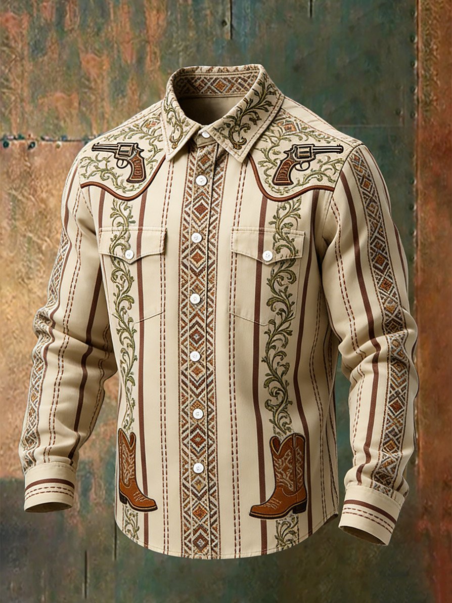 Camisa vintage a rayas Western de manga larga para hombre