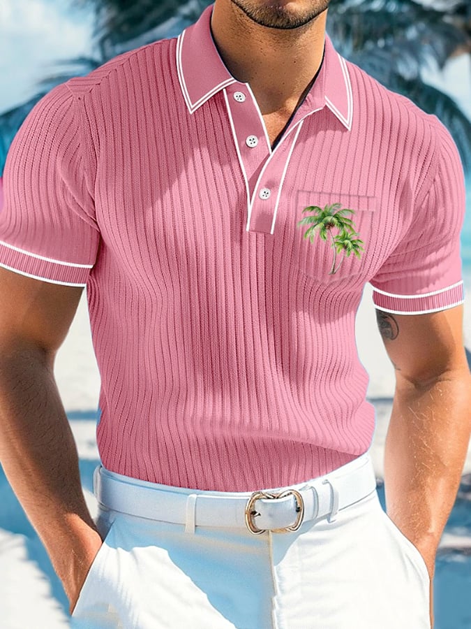Casual Vacation Coconut Tree a rayas Polo para hombre