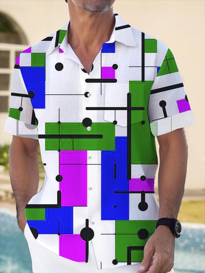 Camisa Geometric estampado de moda Lapel de manga corta