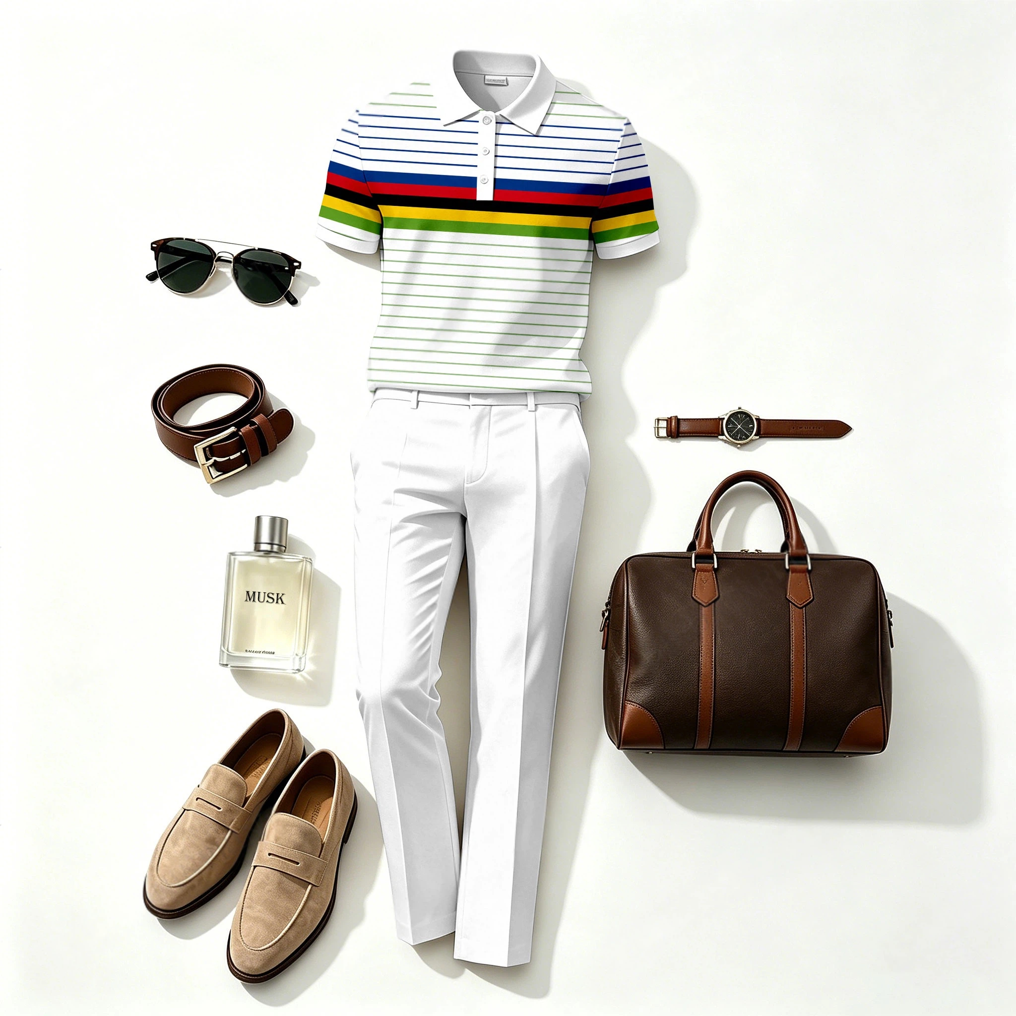 Conjunto de dos piezas casual a rayas estampado de manga corta camisa polo and pantalón (Does Not Include Accessories Such As Watches Or Glasses) para hombre