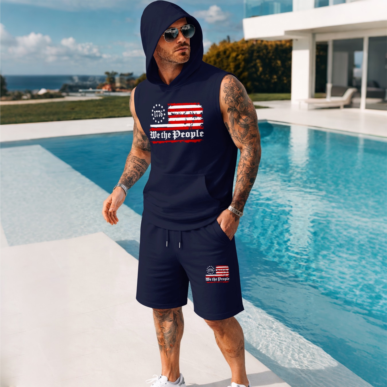 Conjunto de dos piezas American Flag estampadoHooded Tank Top & shorts Set, Regular Fitcasual Athletic de moda Activewear SleevelessTop & shorts, Summer Clothes para hombre