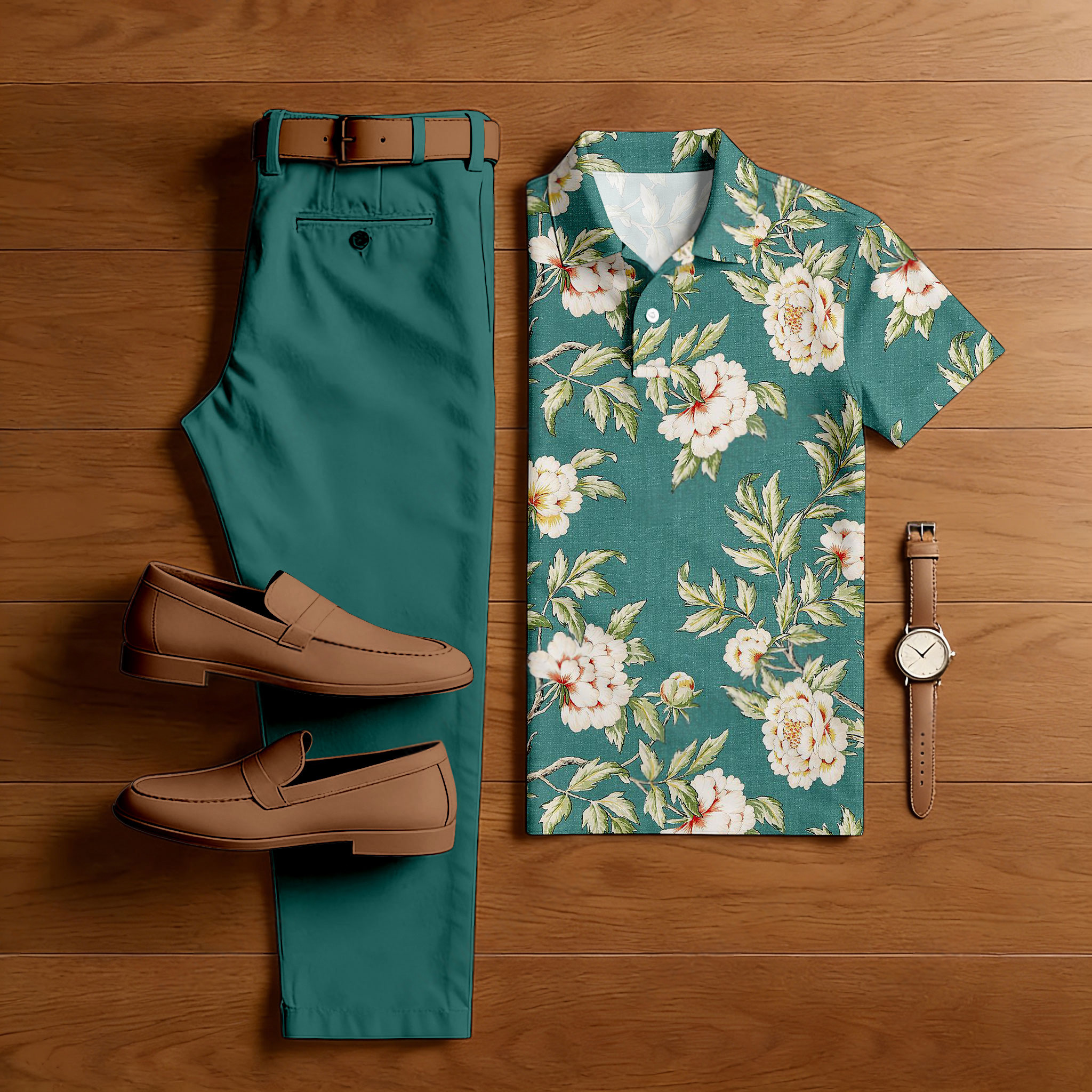 Conjunto de dos piezas casual Green Stamens estampado camisa polo And pantalón para hombre