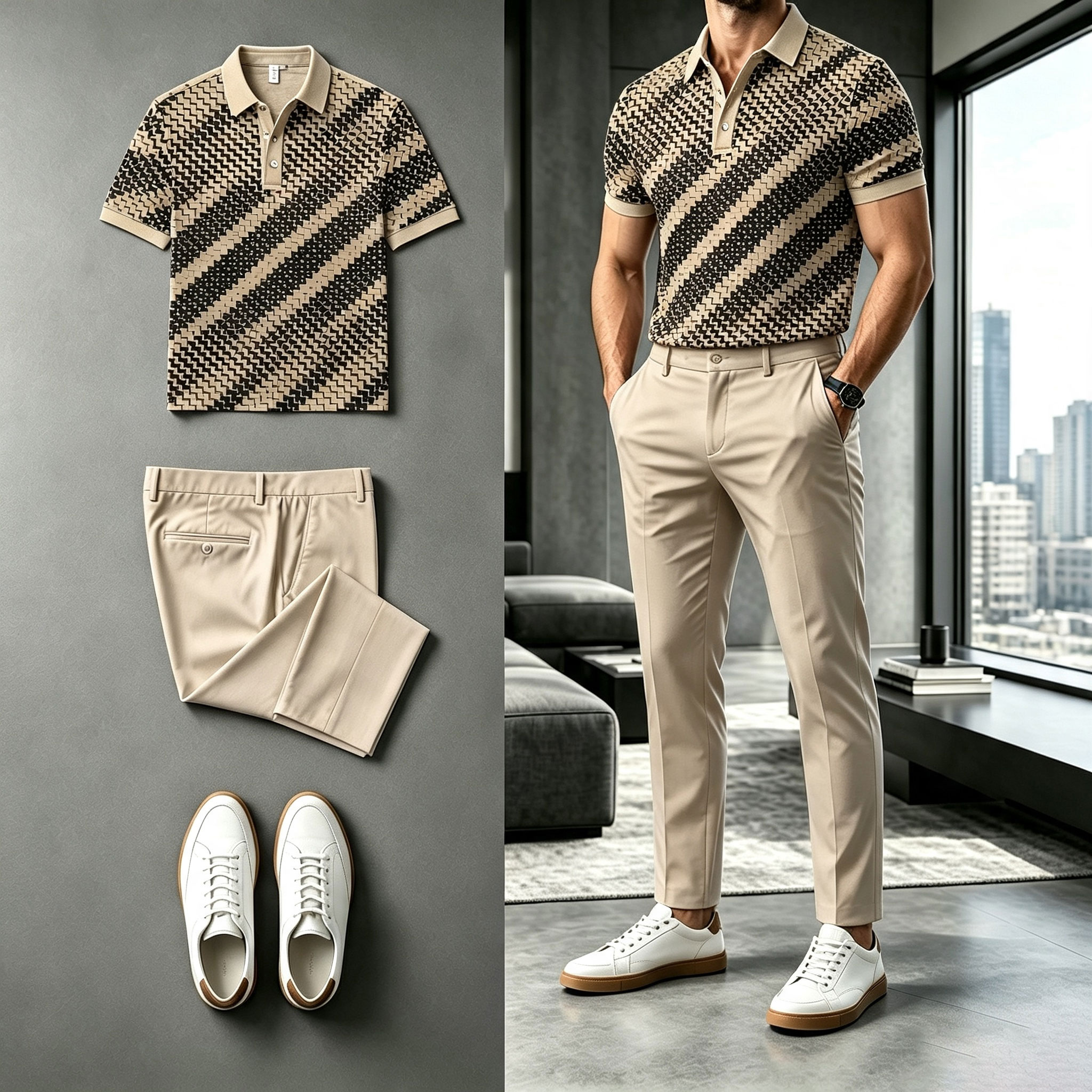 para hombre Diagonal-a rayas de manga corta camisa polo and pantalón Set