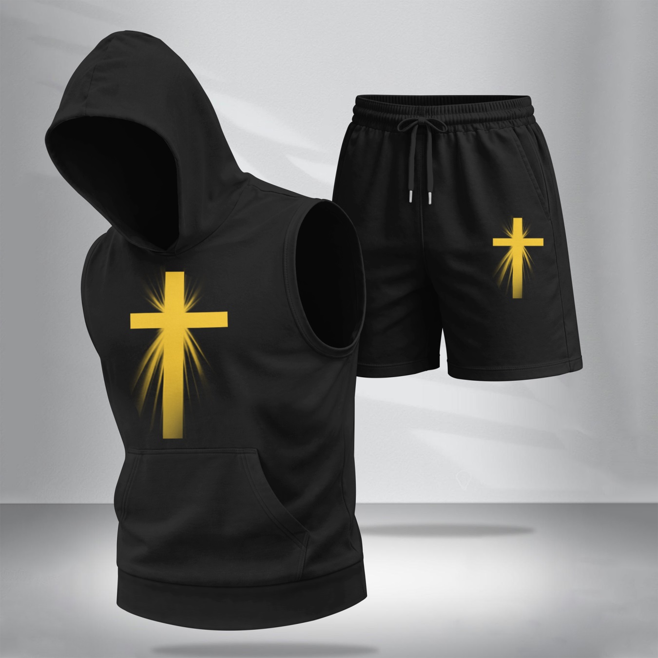 Conjunto de dos piezas Summer – Sleeveless sudadera con capucha & shorts, Faith & Prayer-Inspired Cross Design, casual Regular Fit Summer Outfit, Athletic Streetwear, Lightweight Summer Tracksuit para hombre